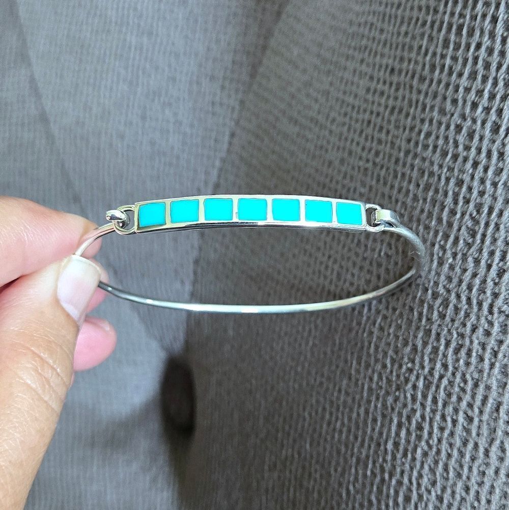 Taxco Sterling Silver🤍 Sleeping Beauty Turquoise🩵 Squares Flush Inlay Bracelet - Picture 14 of 16